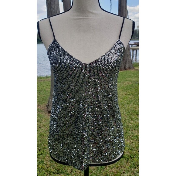 Mango Tops - MNG MANGO Ladies Silver Sequin Stretch Tank Top Sz XS Cocktail Party Black Linig